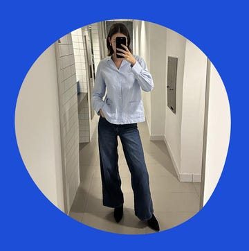 Wideleg blue jeans displayed on a model and a person trying them on